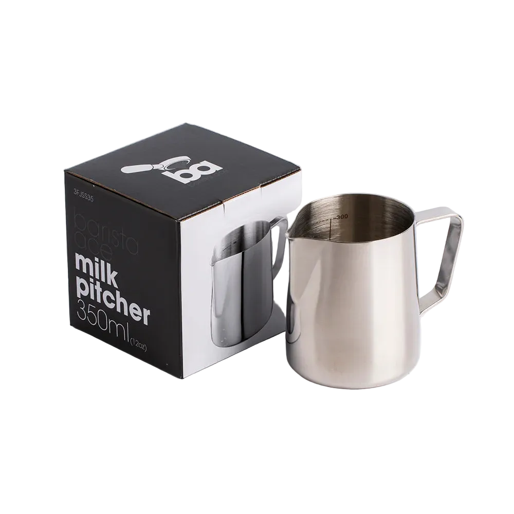 350ml Stainless steel milk pitcher with packaging on a clear background