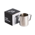 350ml Stainless steel milk pitcher with packaging on a clear background