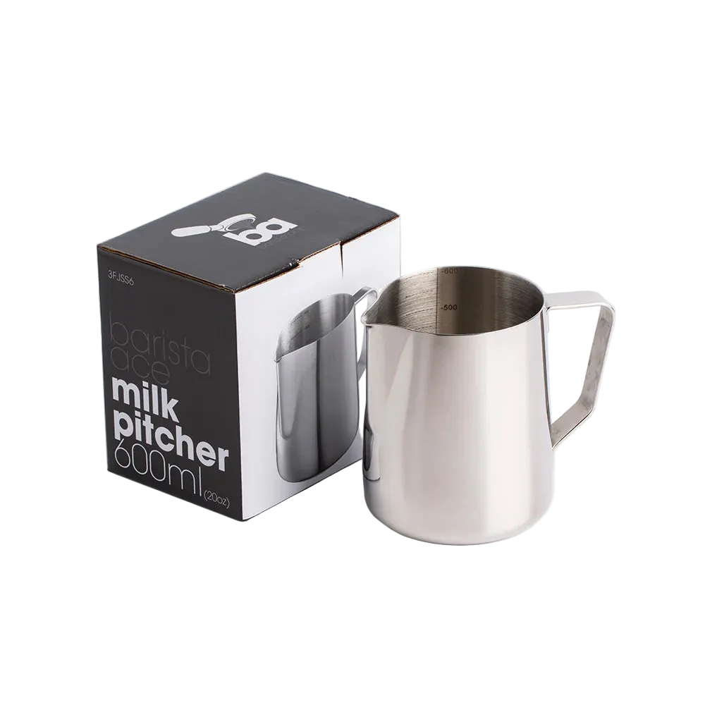 Stainless steel milk pitcher with packaging on a clear background
