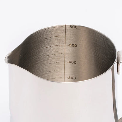 600ml Metal pitcher with measurement markings on a white background
