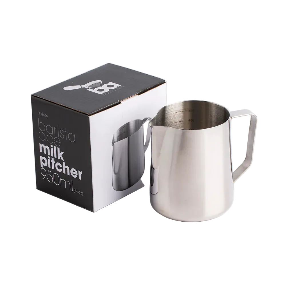 950ml Stainless steel milk pitcher with packaging on a clear background