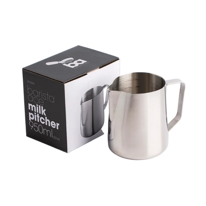 950ml Stainless steel milk pitcher with packaging on a clear background